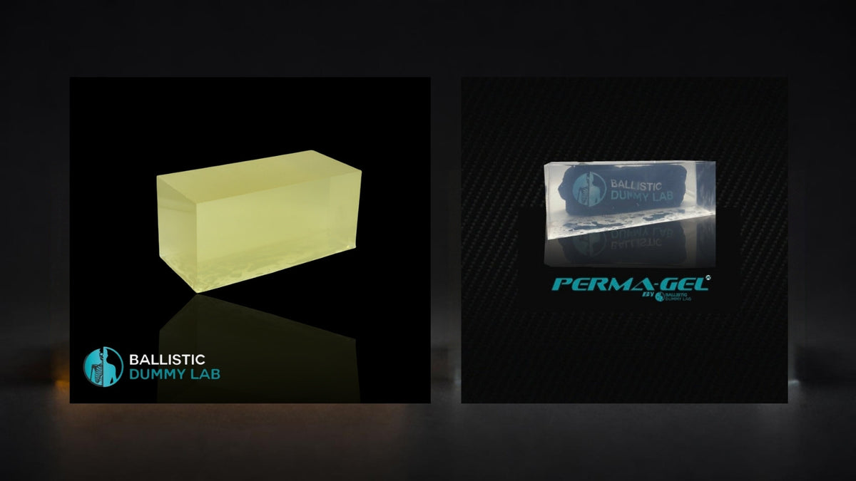 BDL organic ballistic gel block next to a clear Perma-Gel block